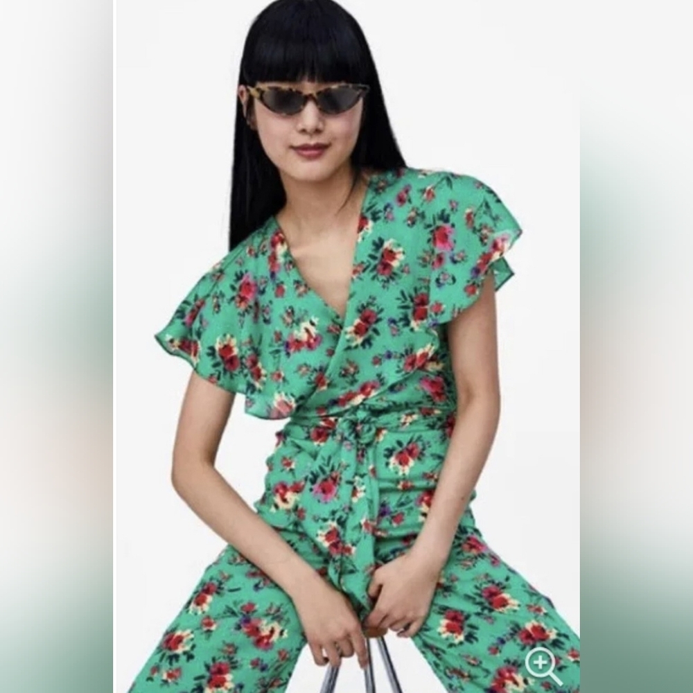 Zara Green Satin Floral Wrap Tie Jumpsuit Size Medium